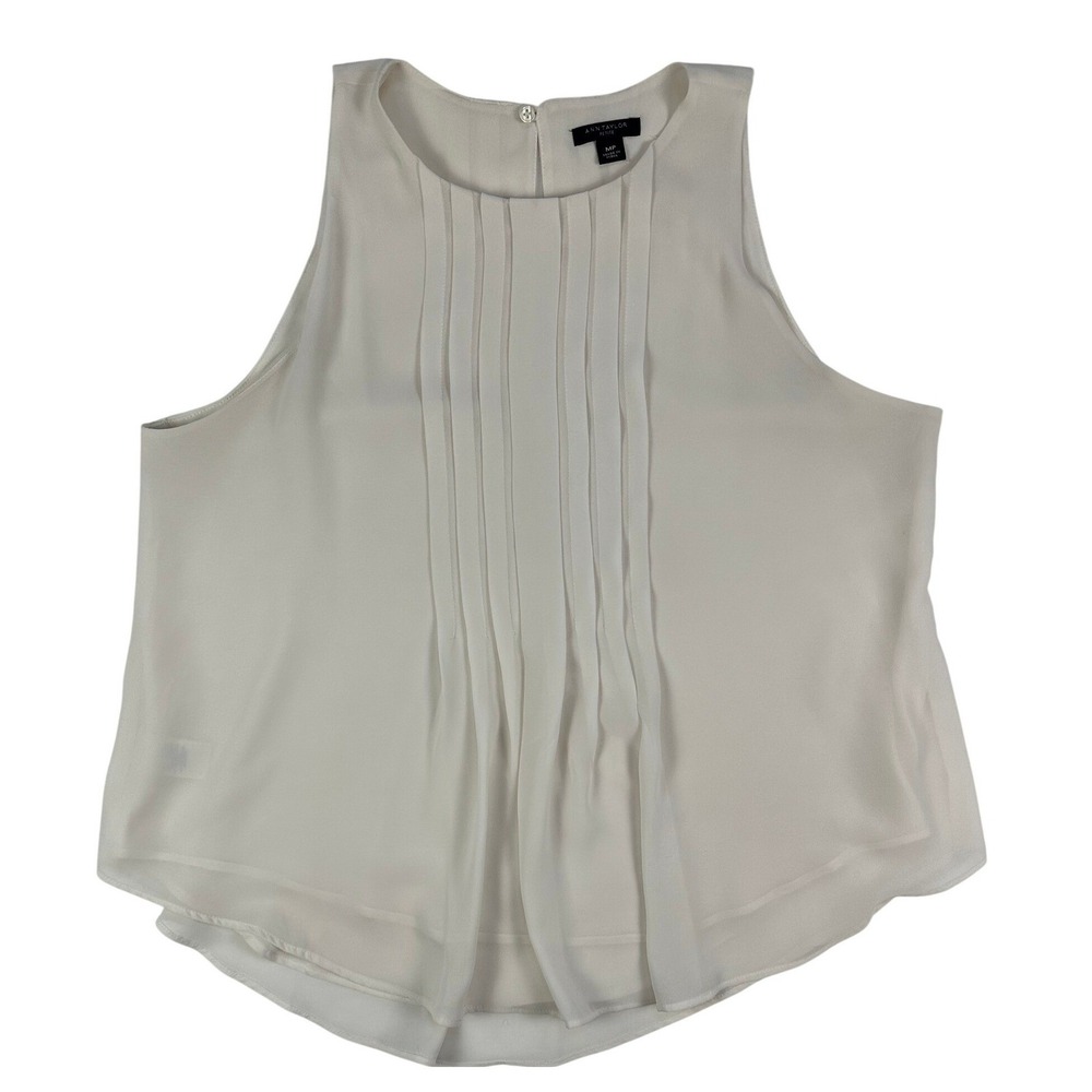 Ann Taylor Cream‎ Pleated Sleeveless Blouse Round Neck Med. Petite